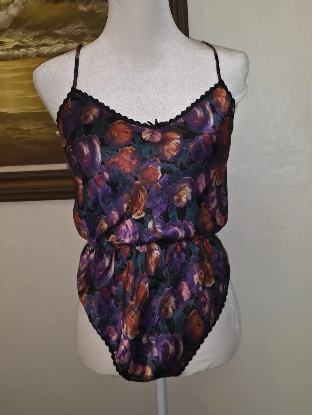 Vintage Myonne 1980s Floral Teddy Bodysuit Camisole Tank Top Lingerie - Picture 4 of 14